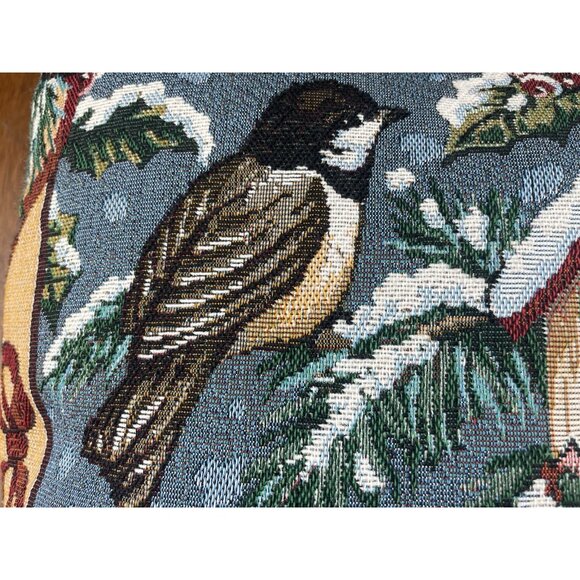 Tapestry Throw Accent Pillow 18”Christmas Chickadee  Mohawk Home Holly Snow Vtg - Picture 9 of 14
